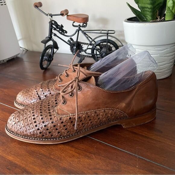 SESTO MEUCCI Made‎ in Italy brown Woven Leather lace up oxford shoes size 6.5M - Picture 3 of 8